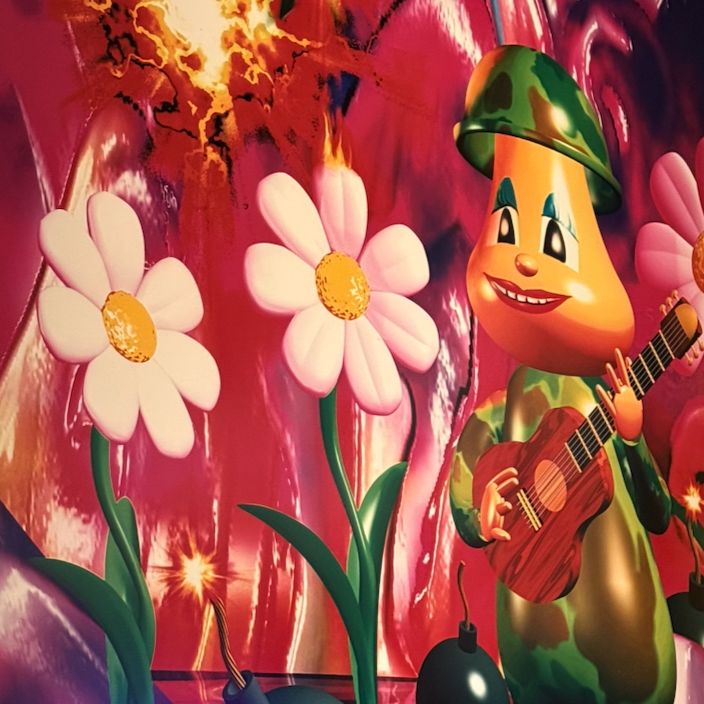 A psychedelic humanoid military guitar player amongst bombs and flowers.